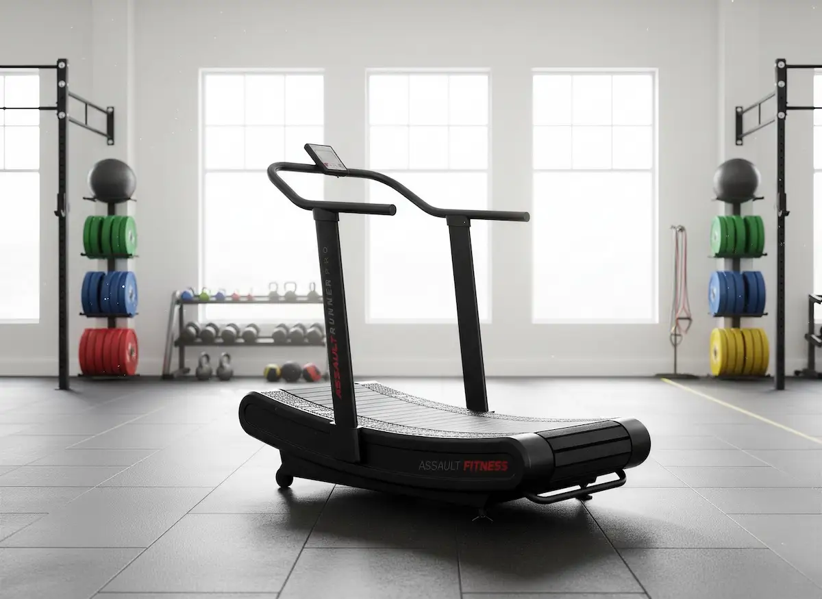 A curved Assault Runner treadmill in a fitness gym