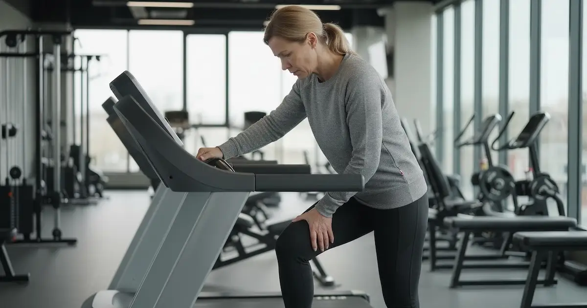 Blonde woman holding her knee on a treadmill