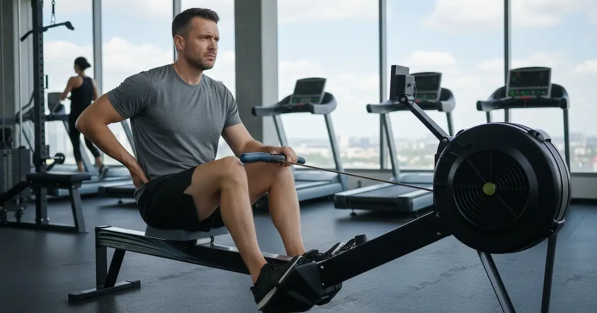 Man on a rowing machine touching his back