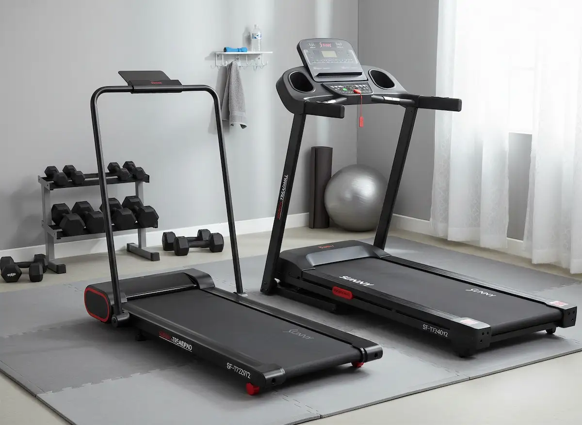 un walking pad y una caminadora de Sunny Health & Fitness lado a lado en un gimnasio casero