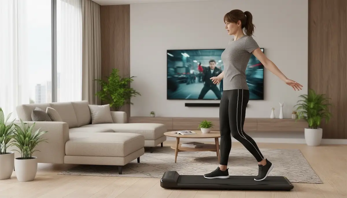 woman losing balance on a compact walking pad in a modern living room