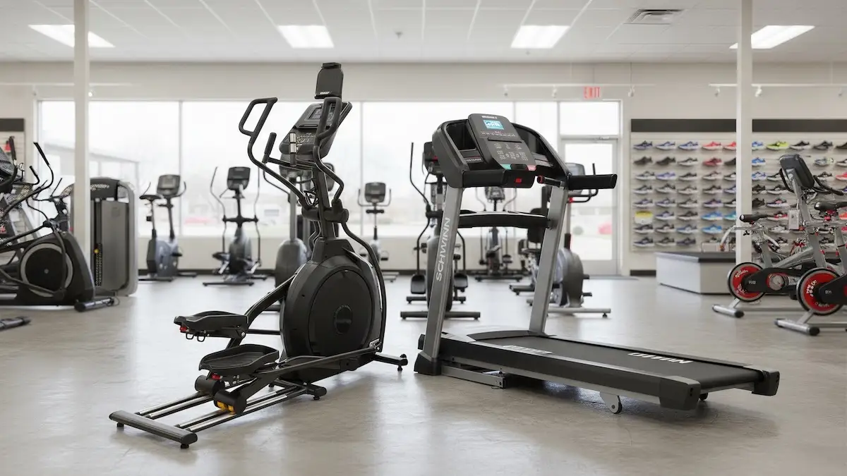 elíptica vs caminadora Elíptica junto a una caminadora en una tienda de deportes