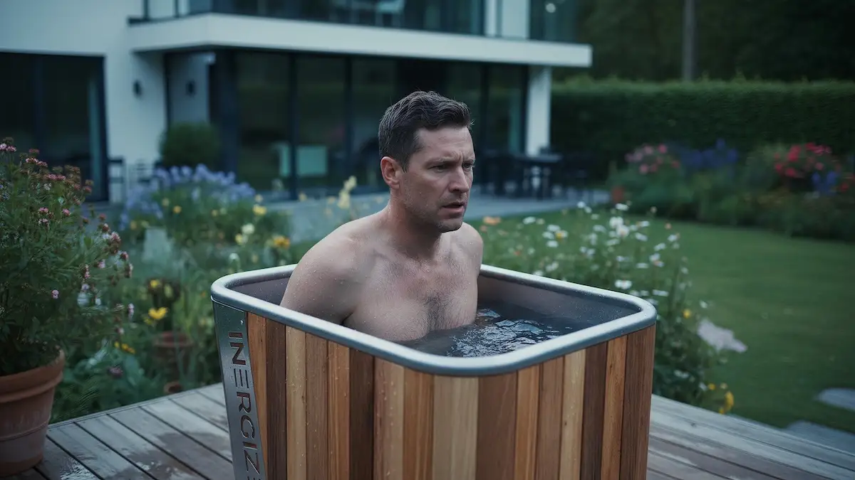 Man in an ice bath on his terrace